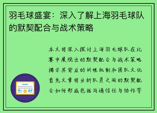 羽毛球盛宴：深入了解上海羽毛球队的默契配合与战术策略